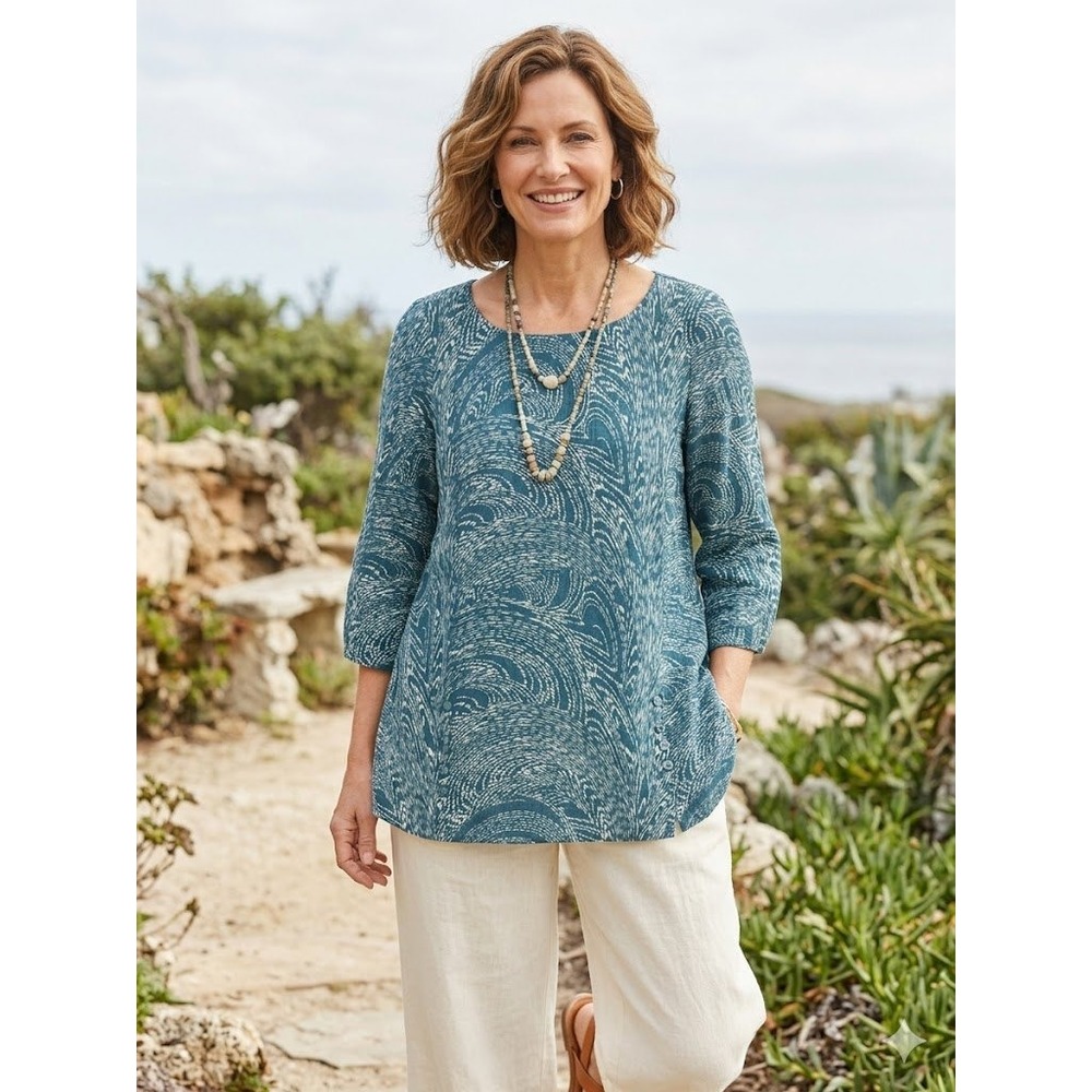 Soft Surroundings Oceo Crinkle Gauze Tunic Small Blue White Swirl Print NWT